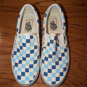 Vans Slip On Sneakers - Light Blue Navy & White Checkerboard - 7 / 8.5